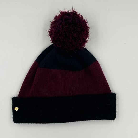 Kate Spade New York Burgundy & Black Pom Pom Beanie Hat - Picture 1 of 4